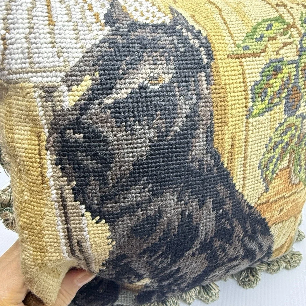 Vintage Scottie Dog Wool Needlepoint Pillow Velvet Tassel English Country 13x13